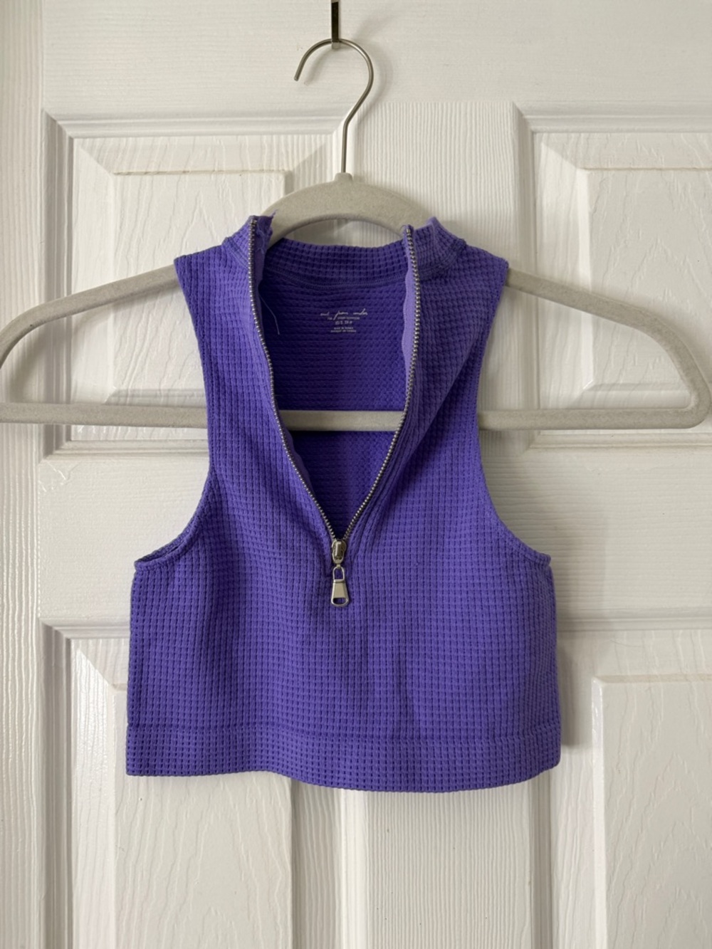 Purple Waffle-Knit Cropped Zip Tank
